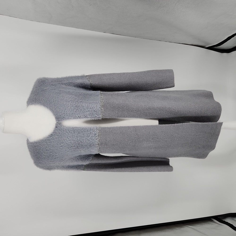 Women M Blue Gray Fluffy Lurex Longline Cardigan